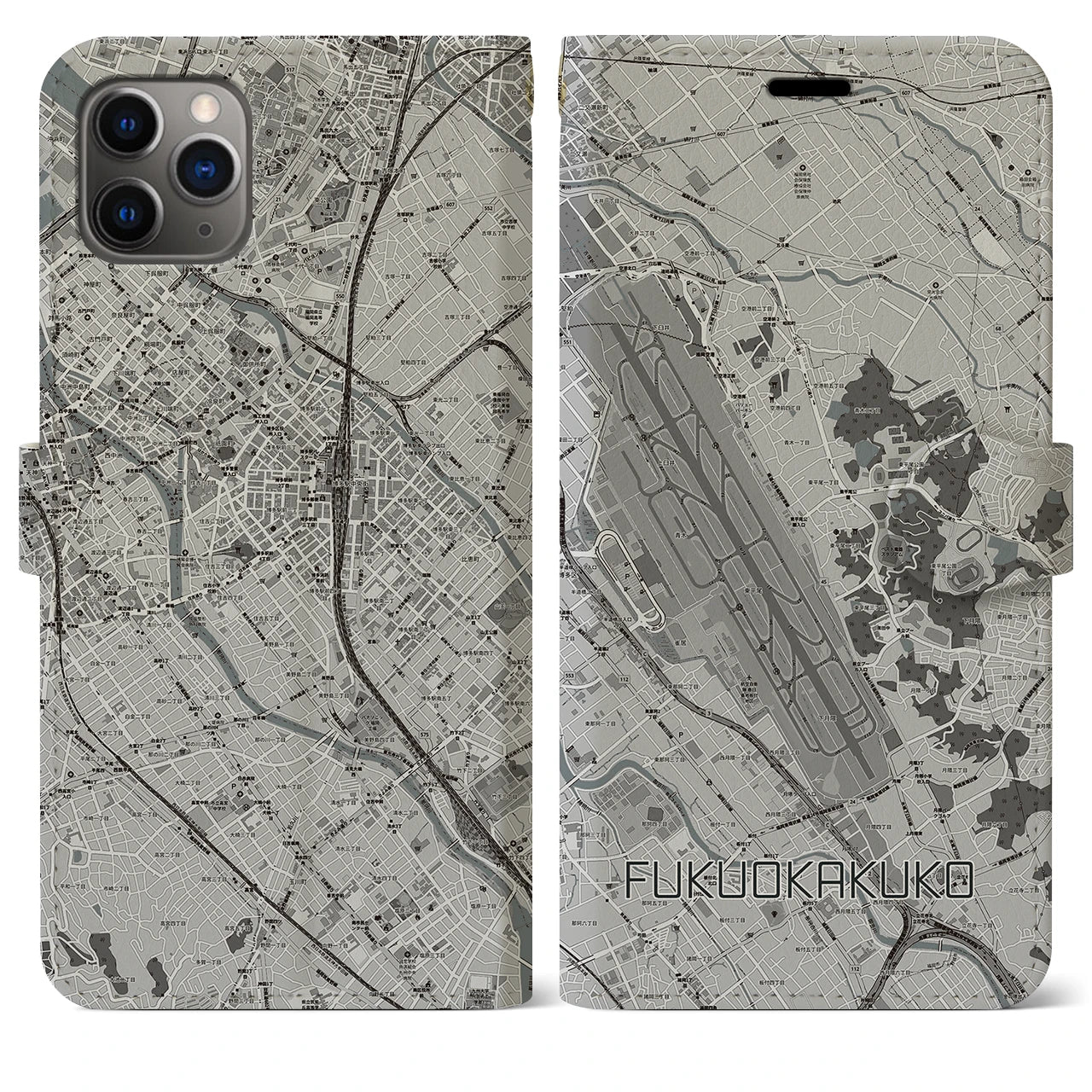 【福岡空港(福岡県)】地図柄iPhoneケース(手帳タイプ)モノトーン・iPhone 11 Pro Max 用