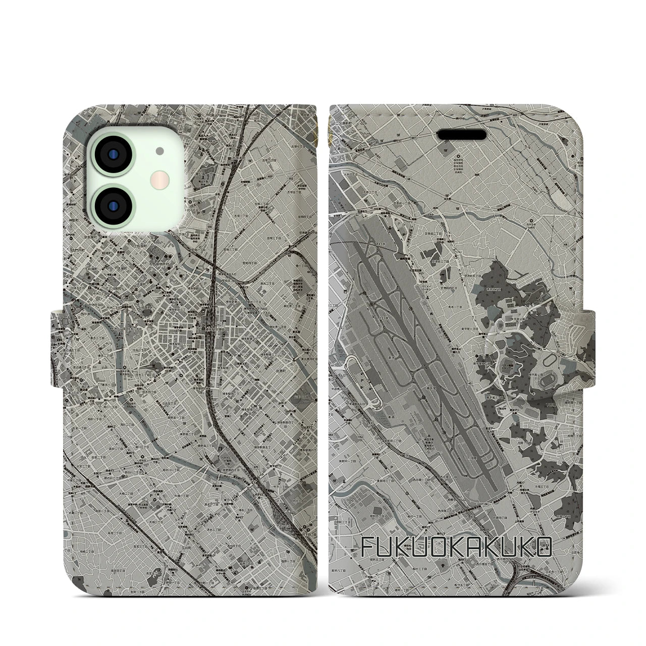 【福岡空港(福岡県)】地図柄iPhoneケース(手帳タイプ)モノトーン・iPhone 12 mini 用
