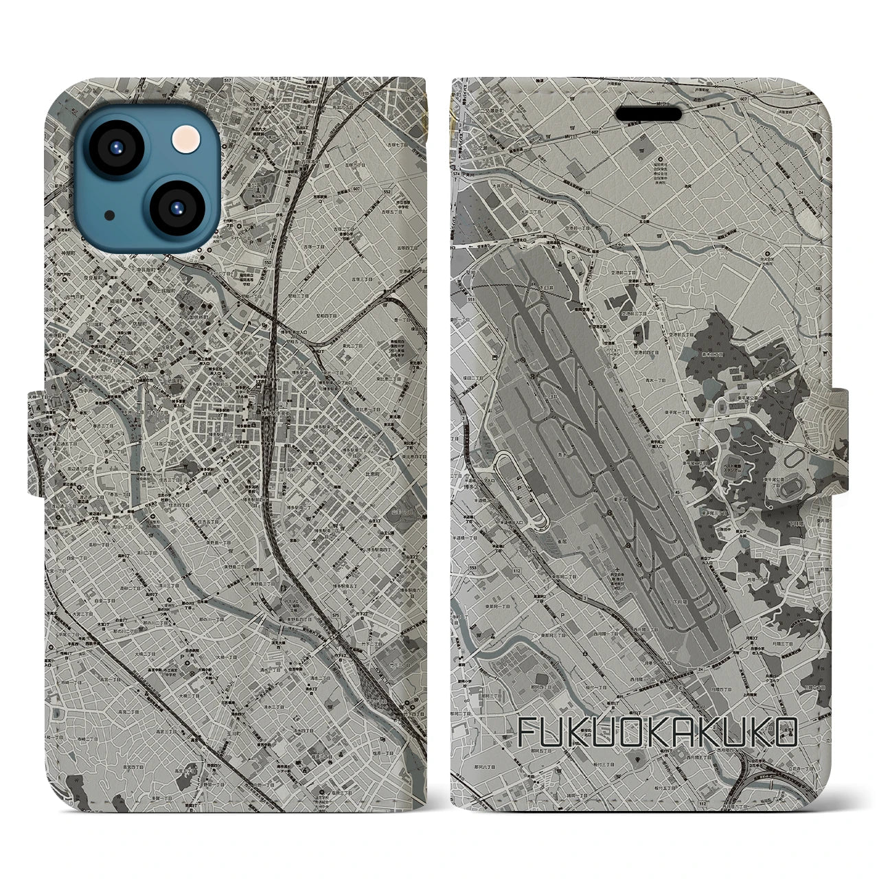 【福岡空港(福岡県)】地図柄iPhoneケース(手帳タイプ)モノトーン・iPhone 13 用