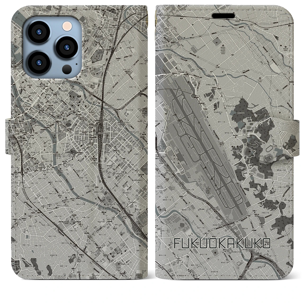【福岡空港(福岡県)】地図柄iPhoneケース(手帳タイプ)モノトーン・iPhone 13 Pro Max 用