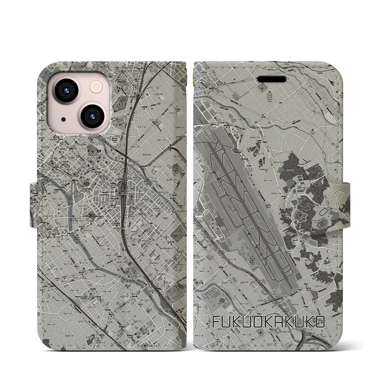 【福岡空港(福岡県)】地図柄iPhoneケース(手帳タイプ)モノトーン・iPhone 13 mini 用