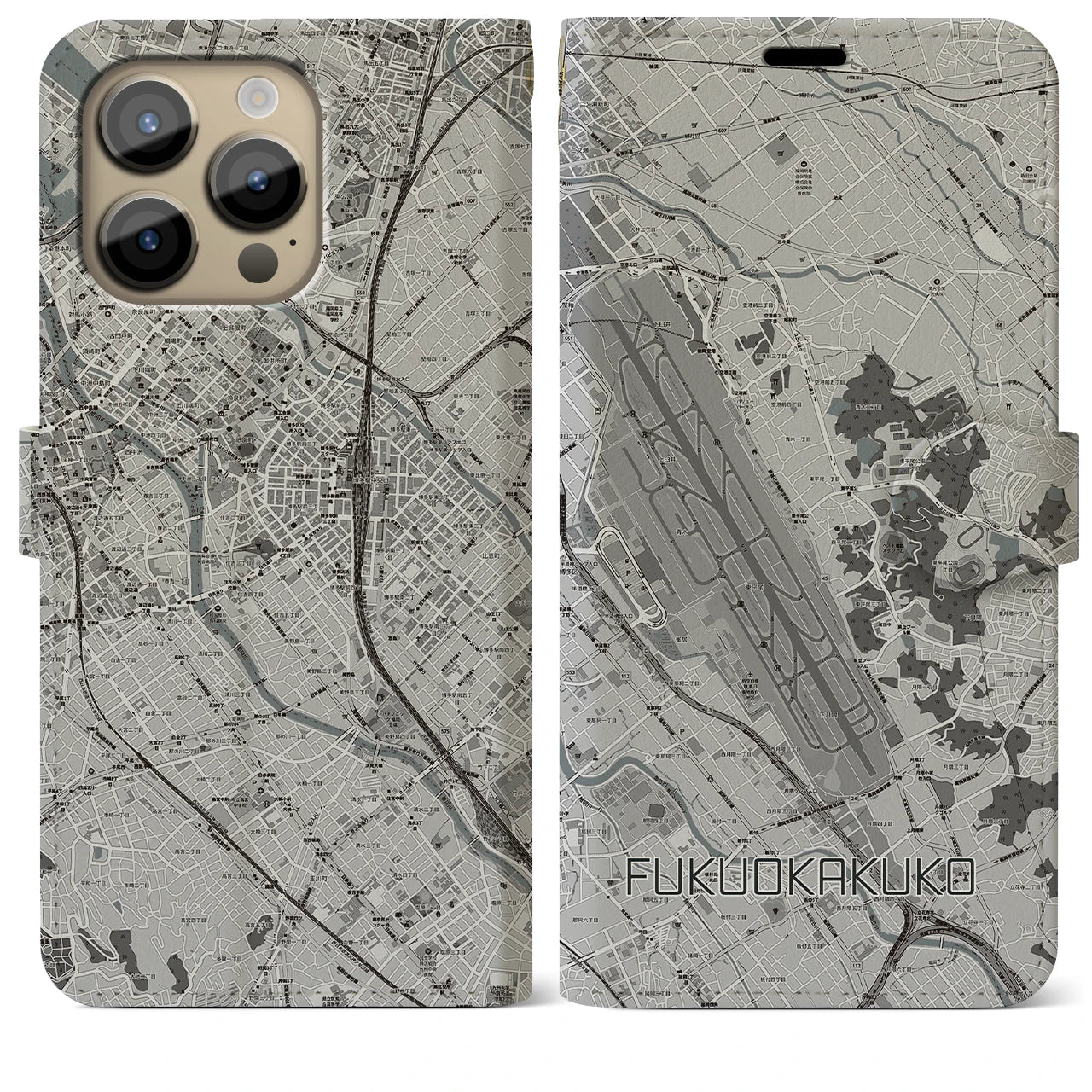 【福岡空港(福岡県)】地図柄iPhoneケース(手帳タイプ)モノトーン・iPhone 14 Pro Max 用