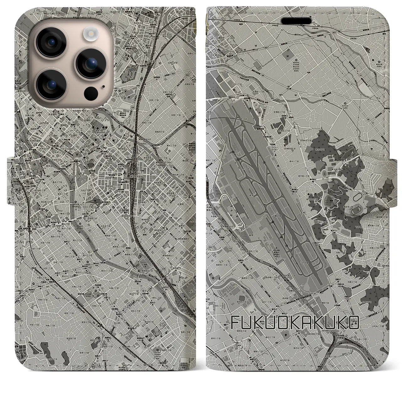 【福岡空港(福岡県)】地図柄iPhoneケース(手帳タイプ)モノトーン・iPhone 16 Plus 用