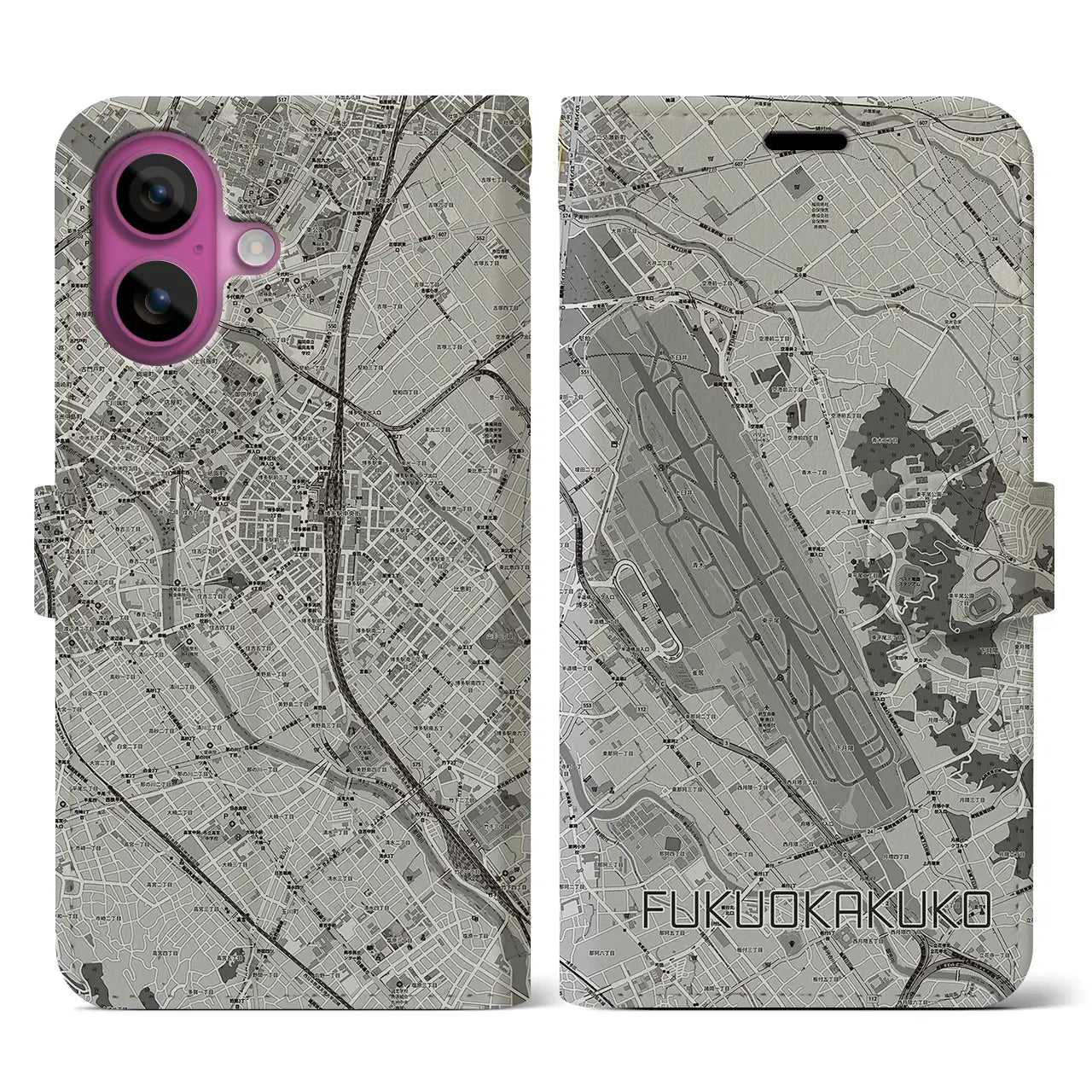 【福岡空港(福岡県)】地図柄iPhoneケース(手帳タイプ)モノトーン・iPhone 16 Pro 用