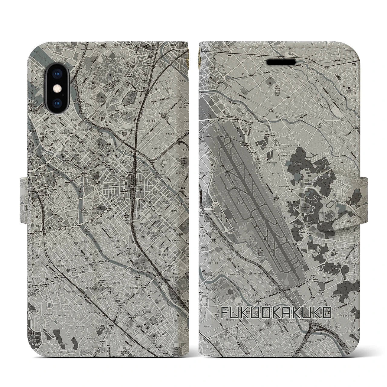 【福岡空港(福岡県)】地図柄iPhoneケース(手帳タイプ)モノトーン・iPhone XS / X 用
