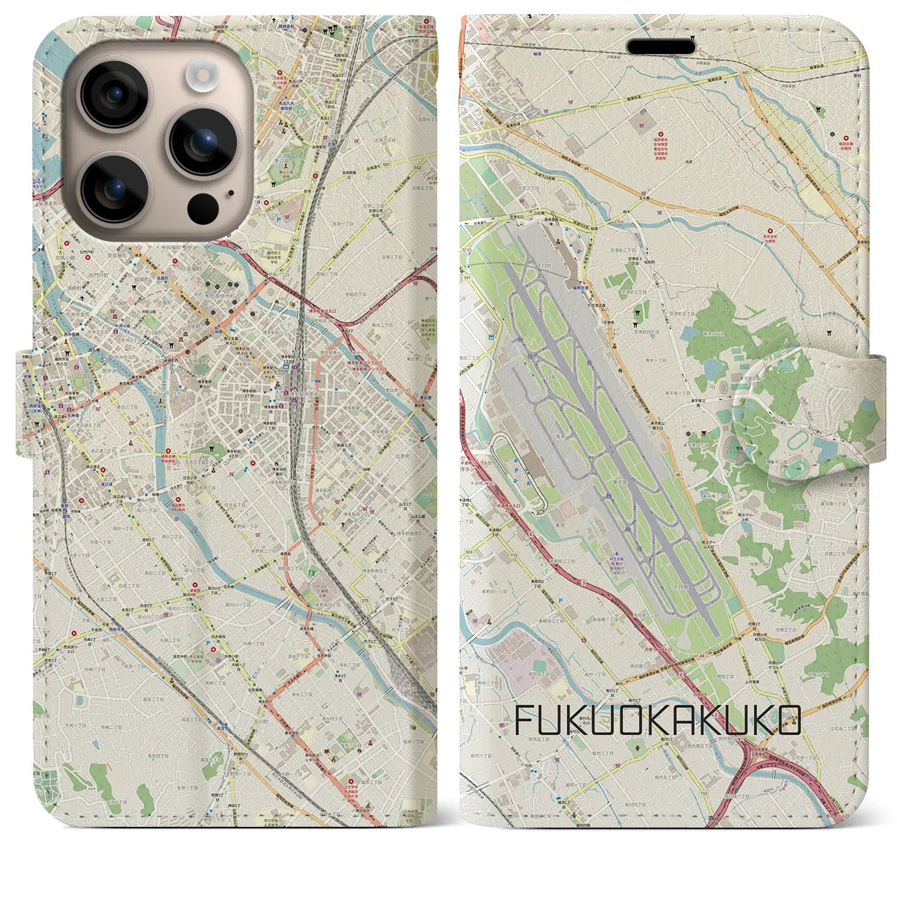 【福岡空港(福岡県)】地図柄iPhoneケース(手帳タイプ)ナチュラル・iPhone 16 Plus 用