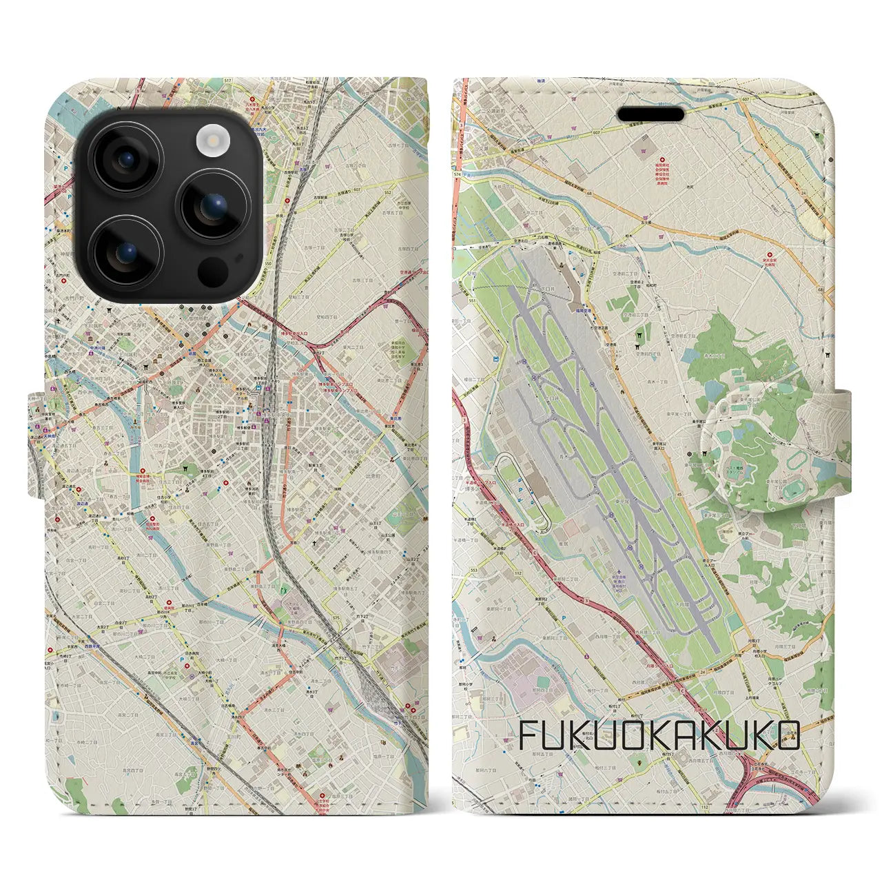 【福岡空港(福岡県)】地図柄iPhoneケース(手帳タイプ)ナチュラル・iPhone 16 用