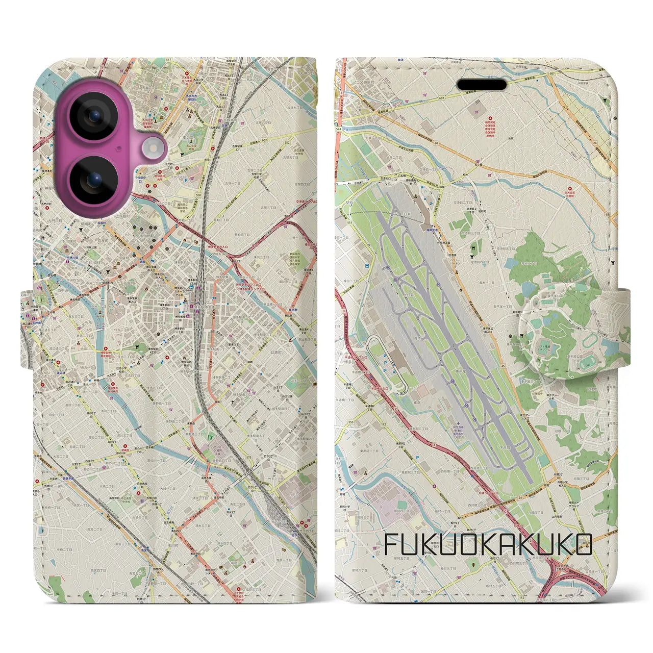【福岡空港(福岡県)】地図柄iPhoneケース(手帳タイプ)ナチュラル・iPhone 16 Pro 用