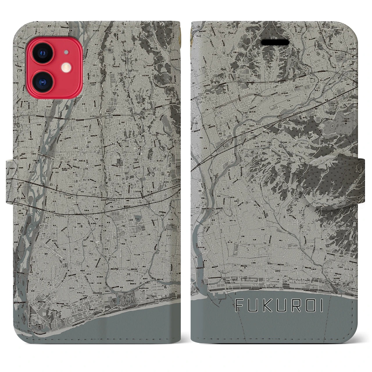 【袋井(静岡県)】地図柄iPhoneケース(手帳タイプ)モノトーン・iPhone 11 用