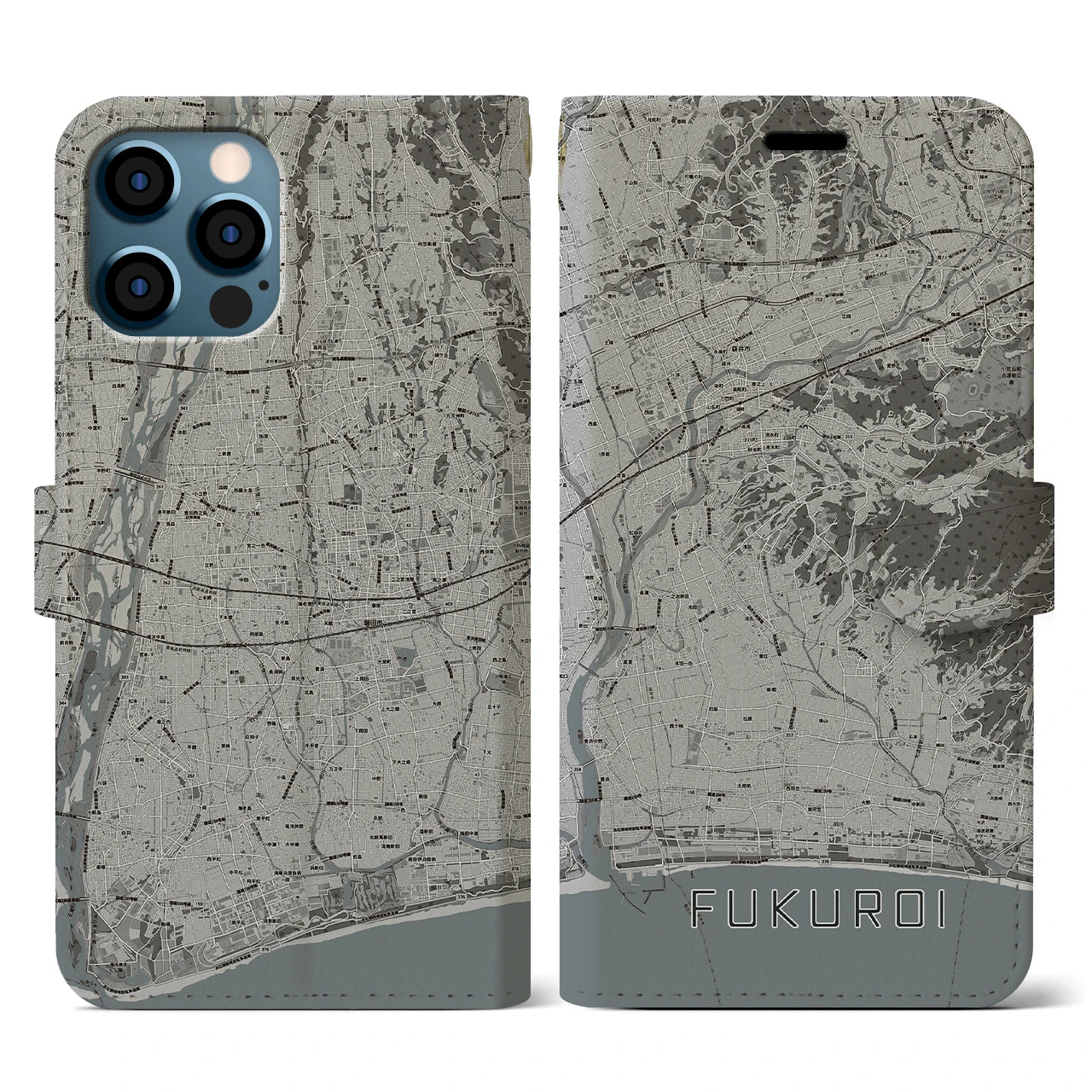 【袋井(静岡県)】地図柄iPhoneケース(手帳タイプ)モノトーン・iPhone 12 / 12 Pro 用
