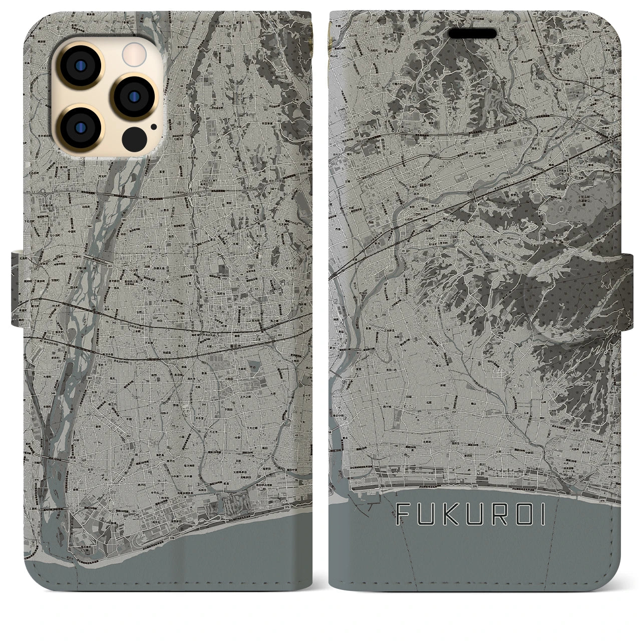 【袋井(静岡県)】地図柄iPhoneケース(手帳タイプ)モノトーン・iPhone 12 Pro Max 用
