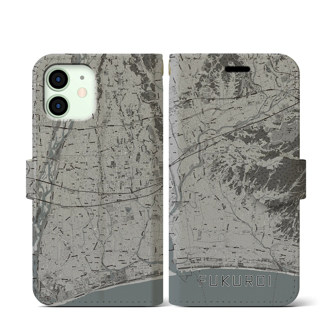 【袋井(静岡県)】地図柄iPhoneケース(手帳タイプ)モノトーン・iPhone 12 mini 用