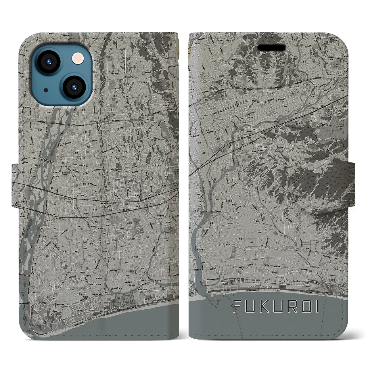 【袋井(静岡県)】地図柄iPhoneケース(手帳タイプ)モノトーン・iPhone 13 用
