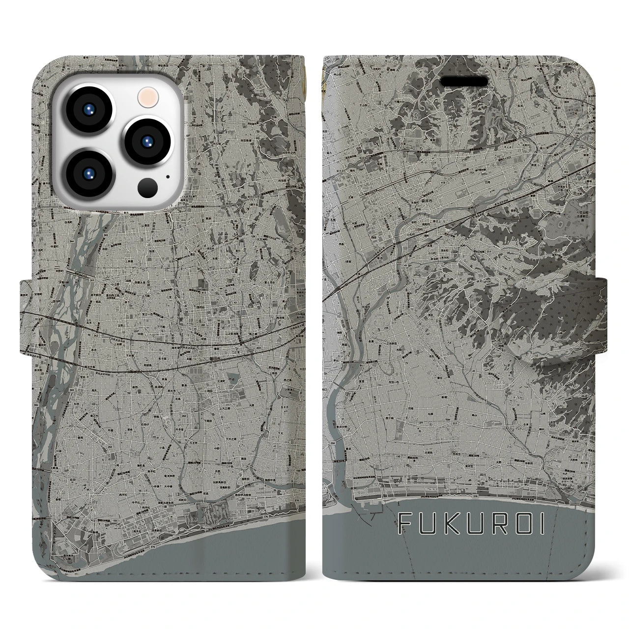 【袋井(静岡県)】地図柄iPhoneケース(手帳タイプ)モノトーン・iPhone 13 Pro 用