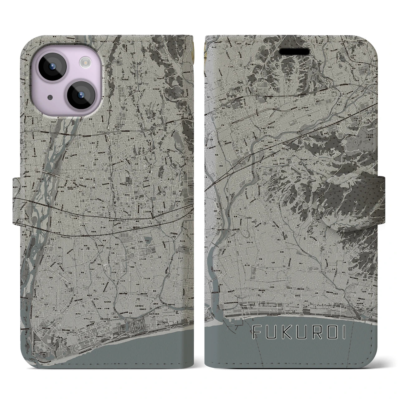 【袋井(静岡県)】地図柄iPhoneケース(手帳タイプ)モノトーン・iPhone 14 用