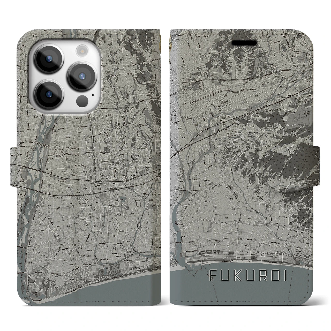 【袋井(静岡県)】地図柄iPhoneケース(手帳タイプ)モノトーン・iPhone 14 Pro 用