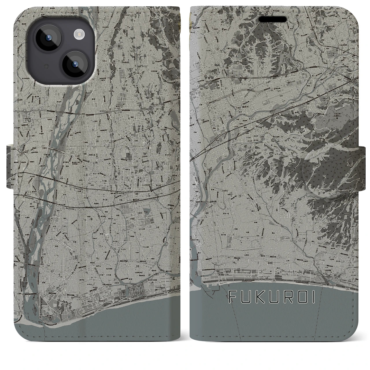 【袋井(静岡県)】地図柄iPhoneケース(手帳タイプ)モノトーン・iPhone 14 Plus 用