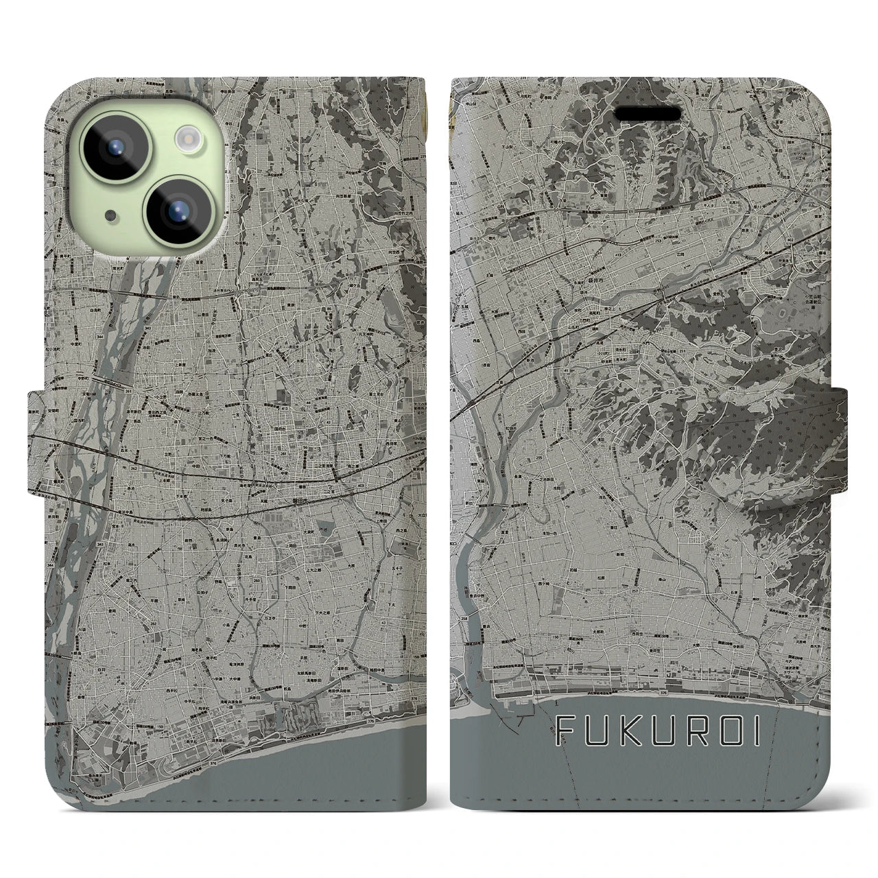【袋井(静岡県)】地図柄iPhoneケース(手帳タイプ)モノトーン・iPhone 15 用