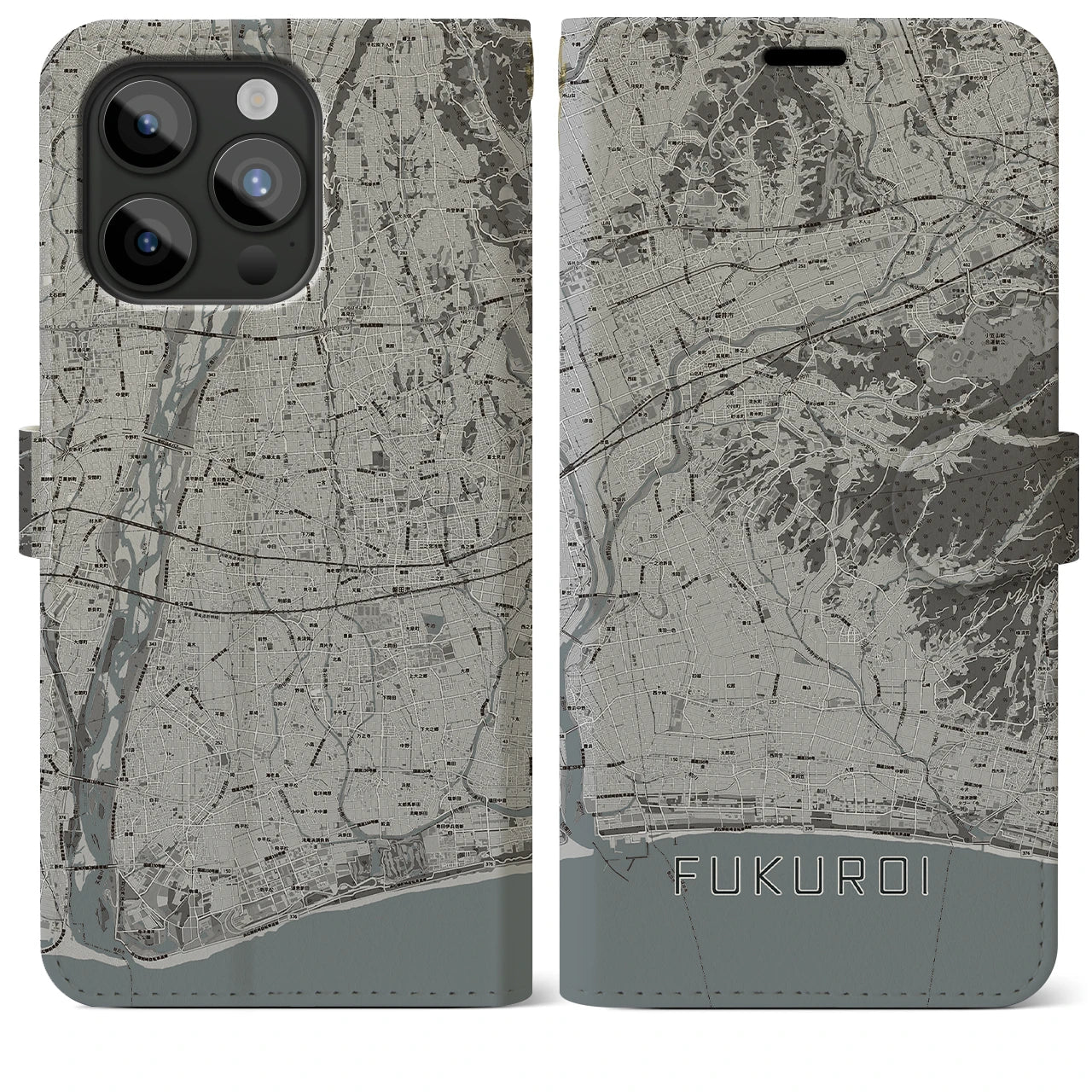 【袋井(静岡県)】地図柄iPhoneケース(手帳タイプ)モノトーン・iPhone 15 Pro Max 用