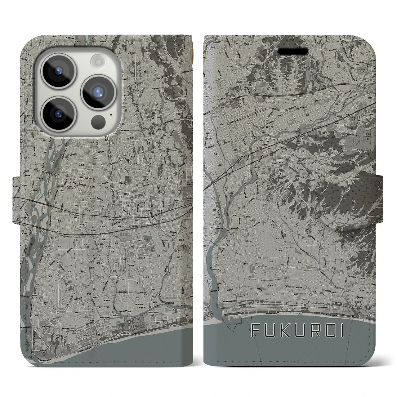 【袋井(静岡県)】地図柄iPhoneケース(手帳タイプ)モノトーン・iPhone 15 Pro 用