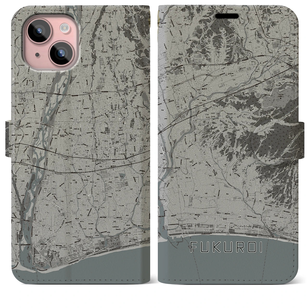 【袋井(静岡県)】地図柄iPhoneケース(手帳タイプ)モノトーン・iPhone 15 Plus 用