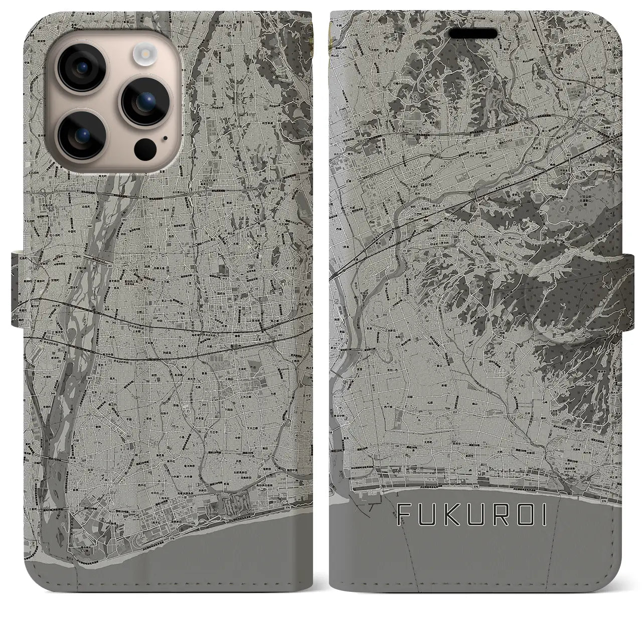 【袋井(静岡県)】地図柄iPhoneケース(手帳タイプ)モノトーン・iPhone 16 Plus 用