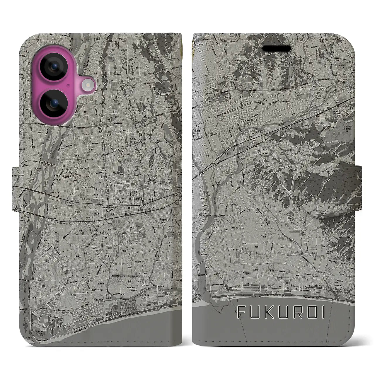 【袋井(静岡県)】地図柄iPhoneケース(手帳タイプ)モノトーン・iPhone 16 Pro 用