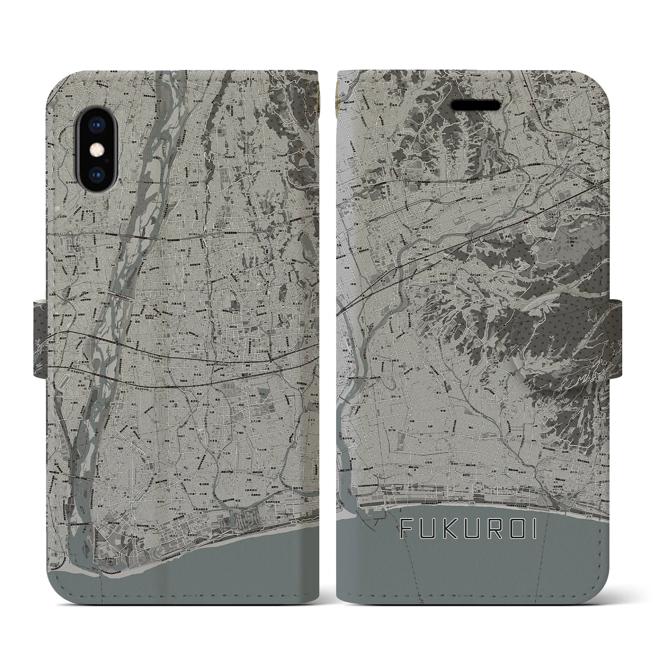 【袋井(静岡県)】地図柄iPhoneケース(手帳タイプ)モノトーン・iPhone XS / X 用