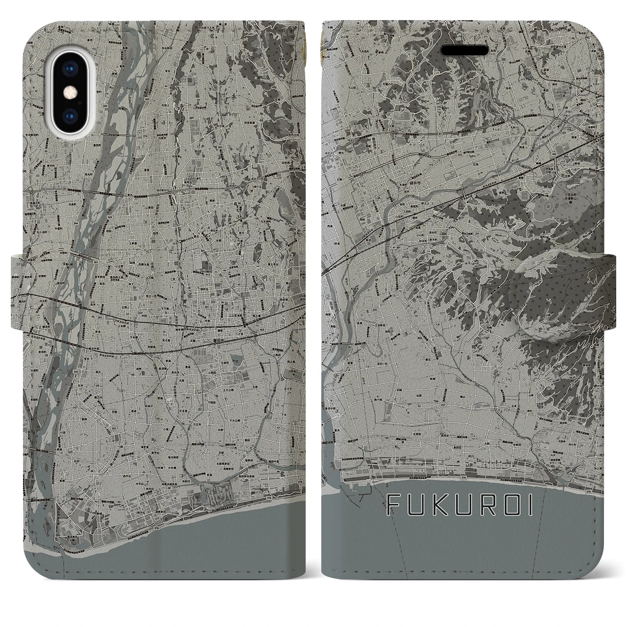 【袋井(静岡県)】地図柄iPhoneケース(手帳タイプ)モノトーン・iPhone XS Max 用