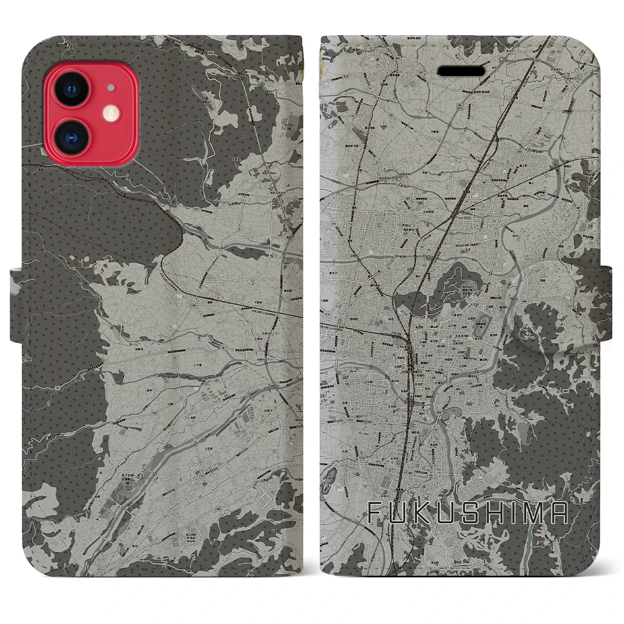 【福島(福島県)】地図柄iPhoneケース(手帳タイプ)モノトーン・iPhone 11 用