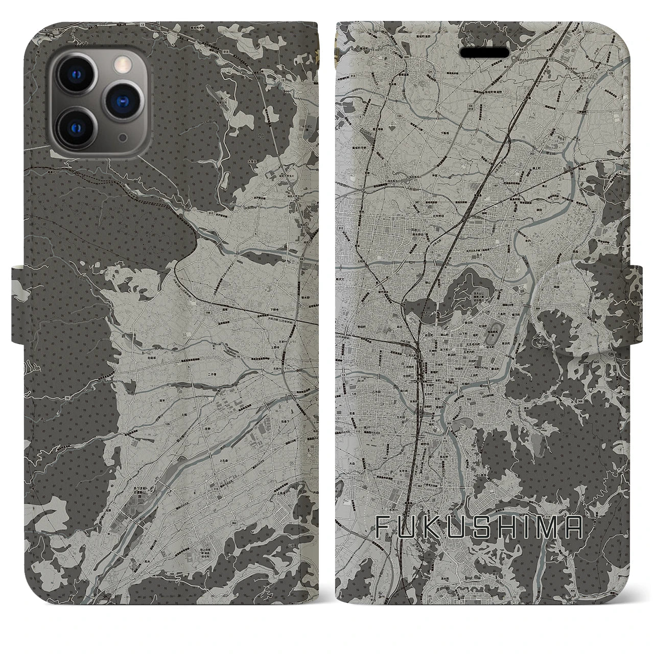 【福島(福島県)】地図柄iPhoneケース(手帳タイプ)モノトーン・iPhone 11 Pro Max 用