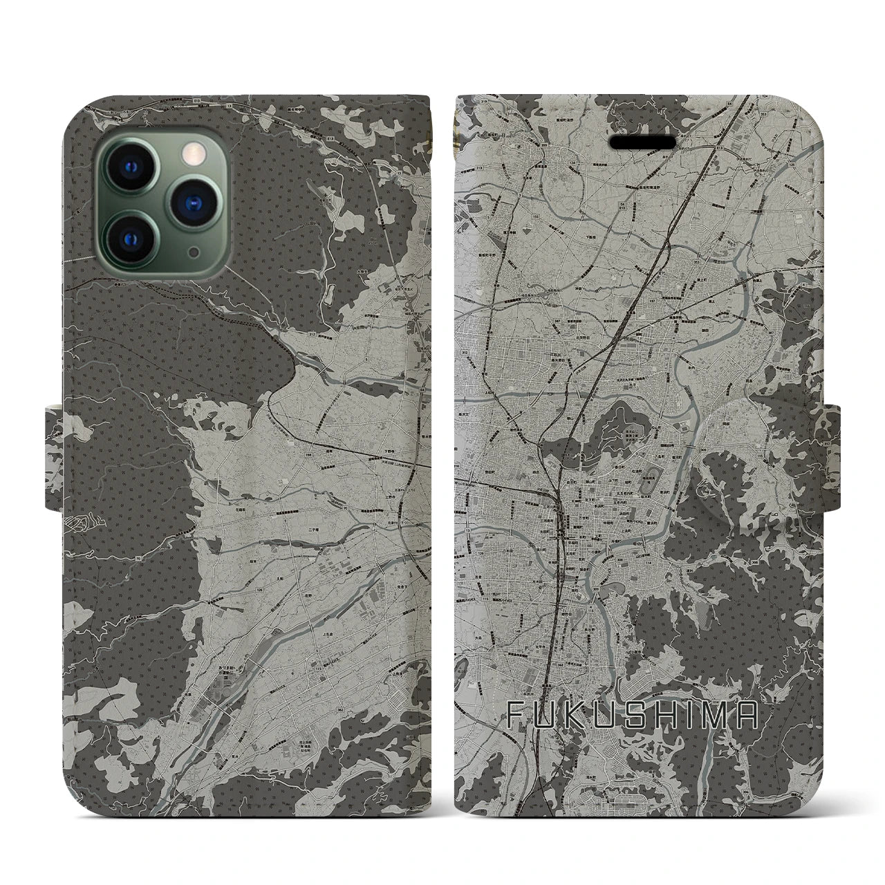 【福島(福島県)】地図柄iPhoneケース(手帳タイプ)モノトーン・iPhone 11 Pro 用