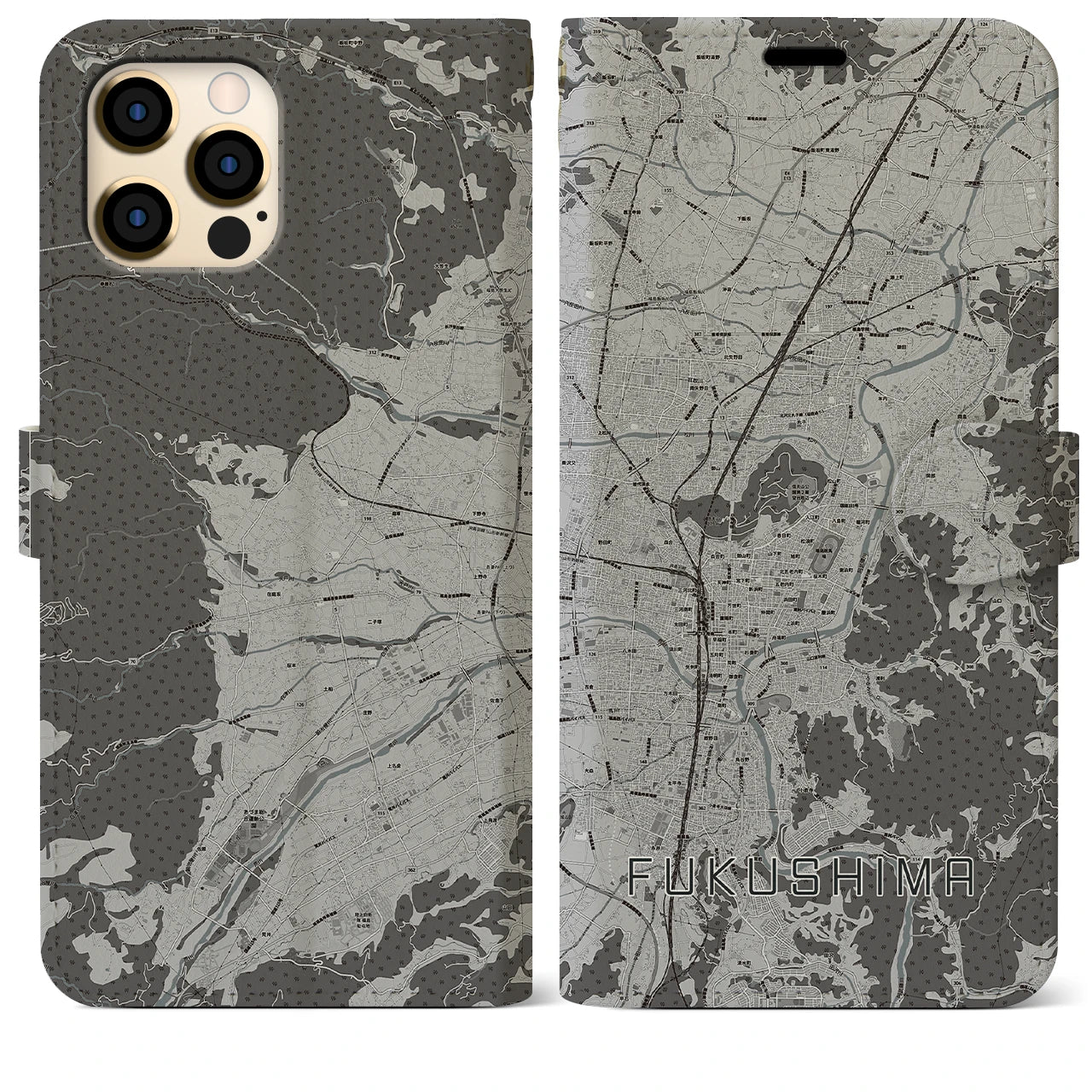 【福島(福島県)】地図柄iPhoneケース(手帳タイプ)モノトーン・iPhone 12 Pro Max 用