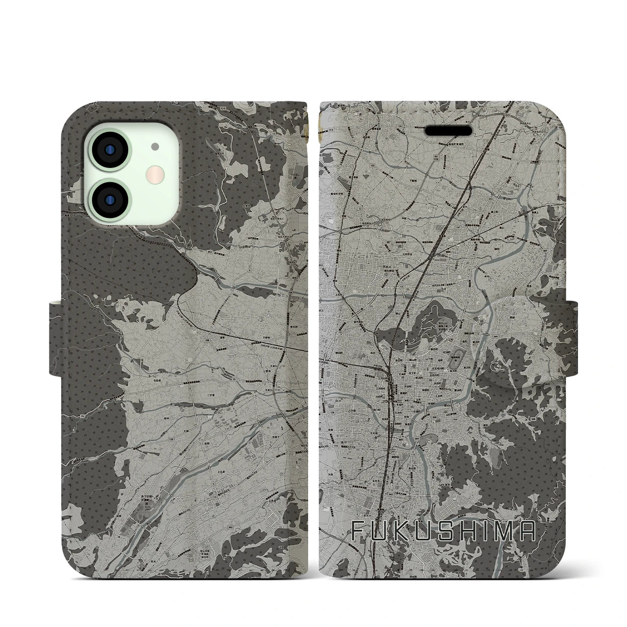 【福島(福島県)】地図柄iPhoneケース(手帳タイプ)モノトーン・iPhone 12 mini 用