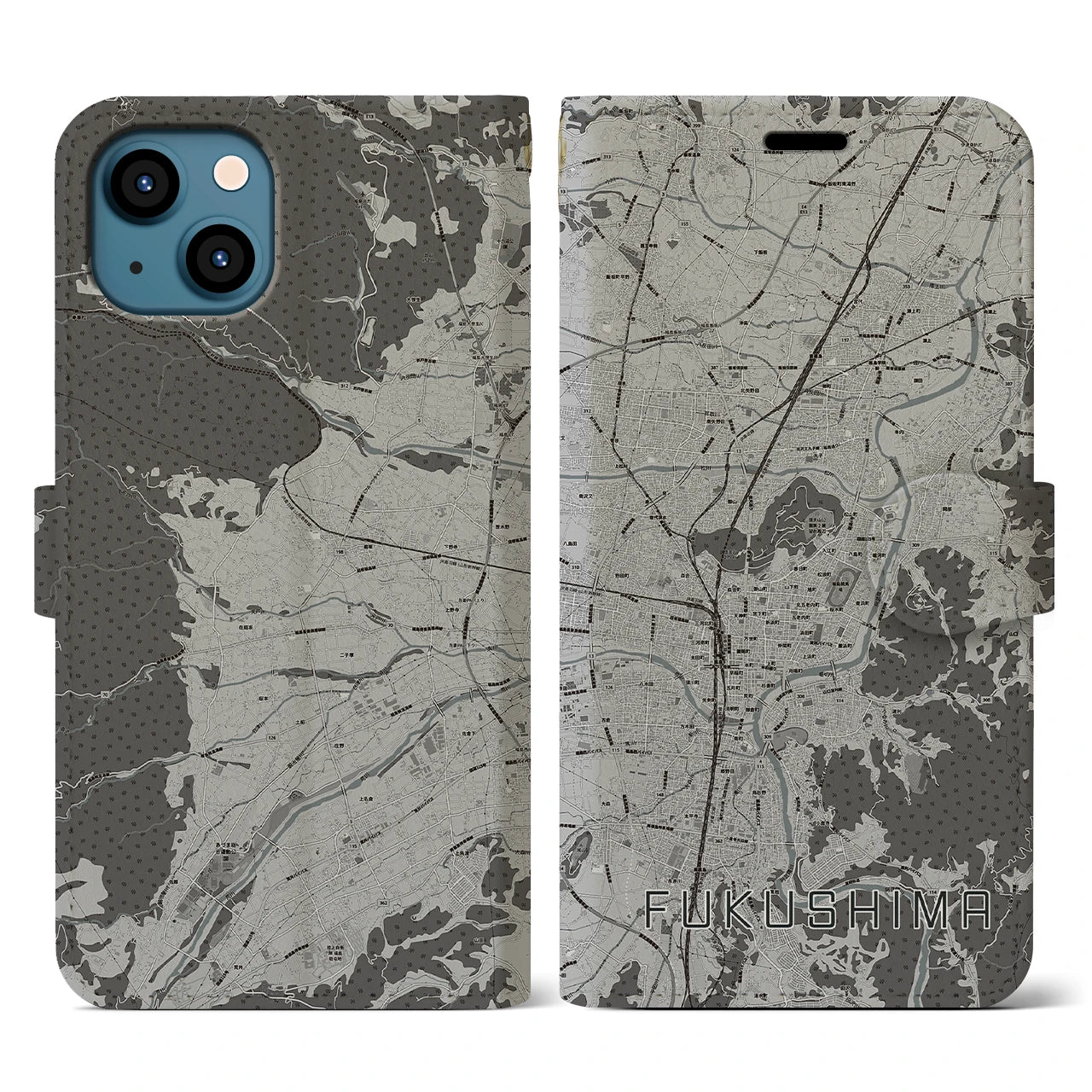 【福島(福島県)】地図柄iPhoneケース(手帳タイプ)モノトーン・iPhone 13 用