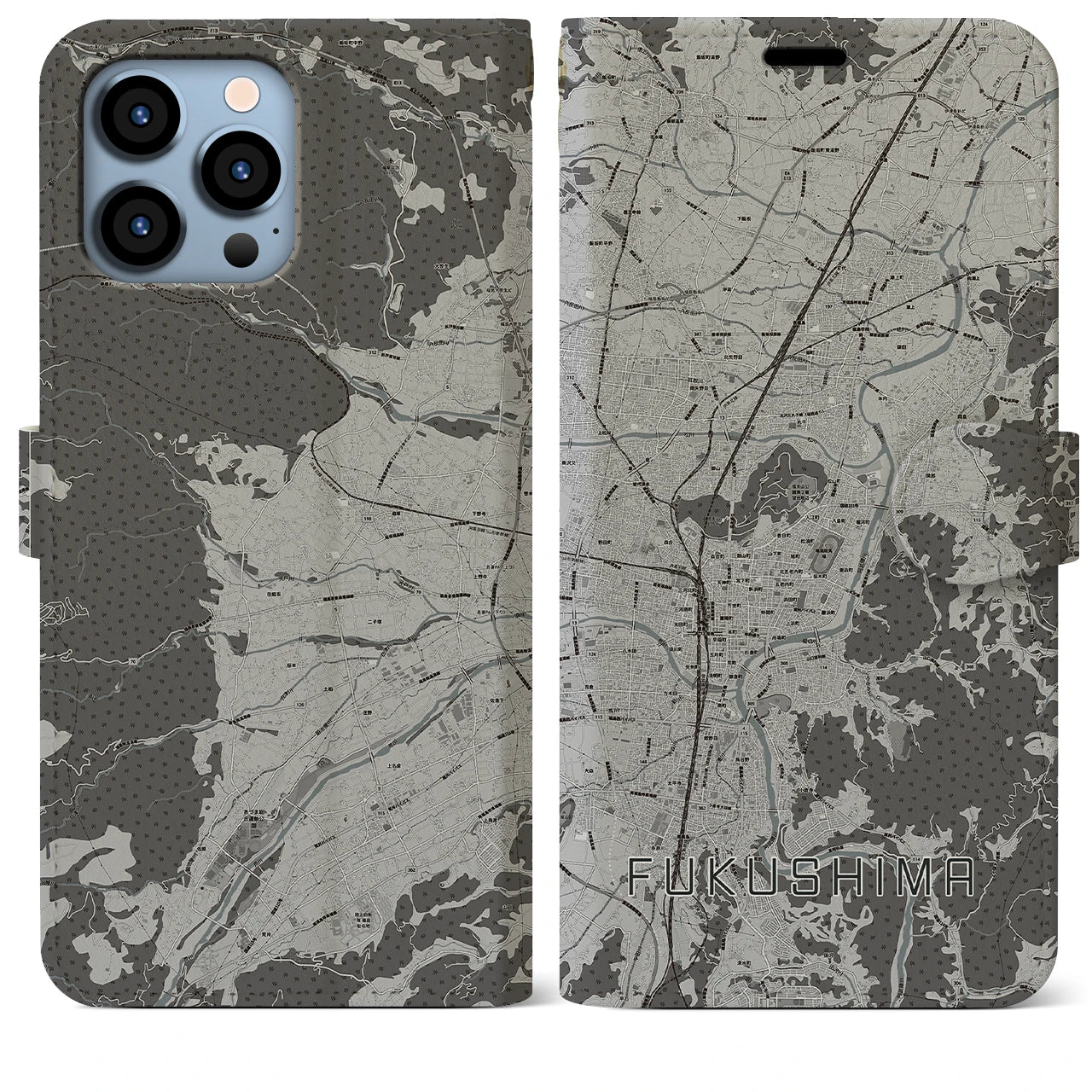 【福島(福島県)】地図柄iPhoneケース(手帳タイプ)モノトーン・iPhone 13 Pro Max 用