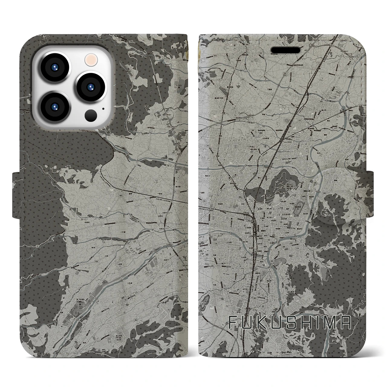 【福島(福島県)】地図柄iPhoneケース(手帳タイプ)モノトーン・iPhone 13 Pro 用