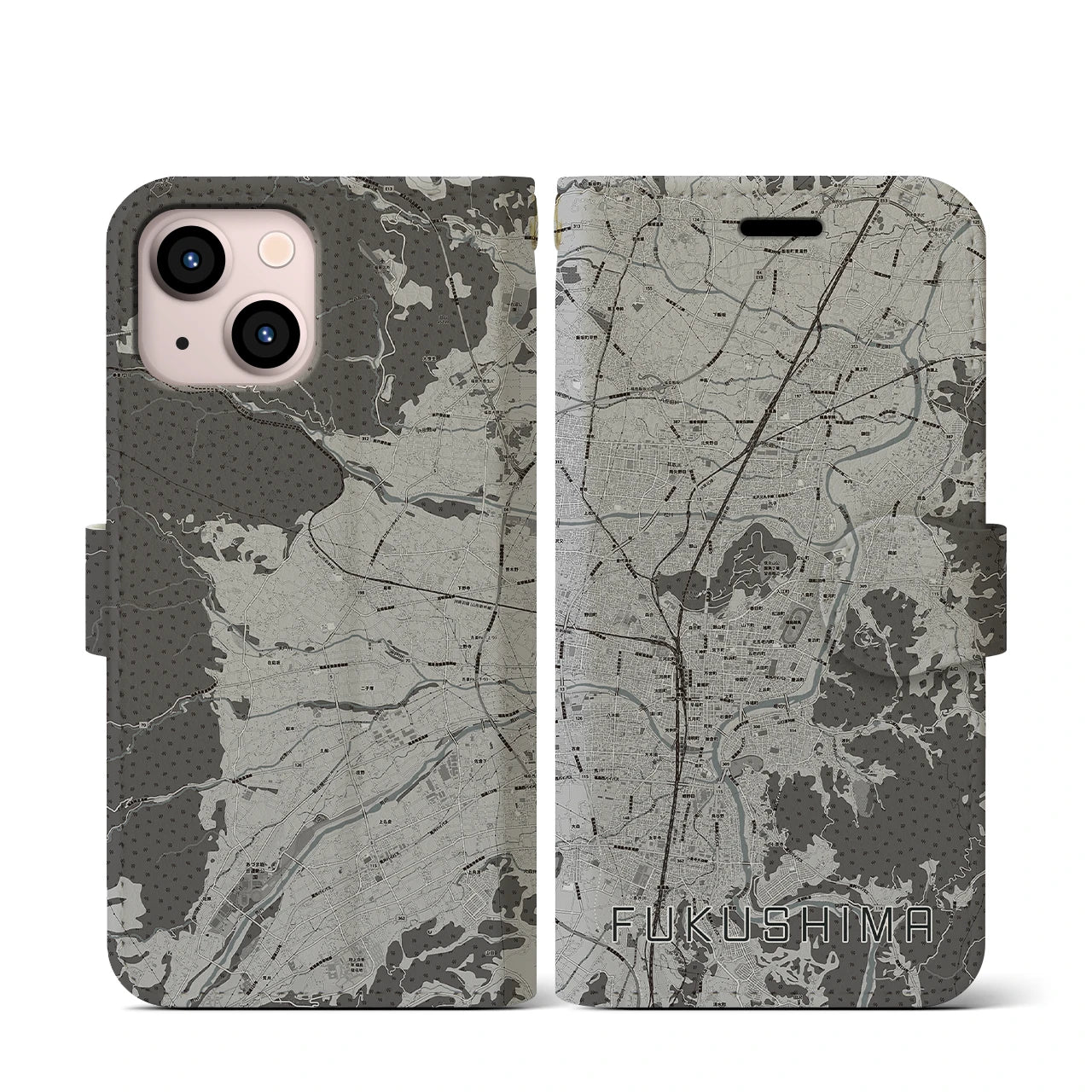 【福島(福島県)】地図柄iPhoneケース(手帳タイプ)モノトーン・iPhone 13 mini 用