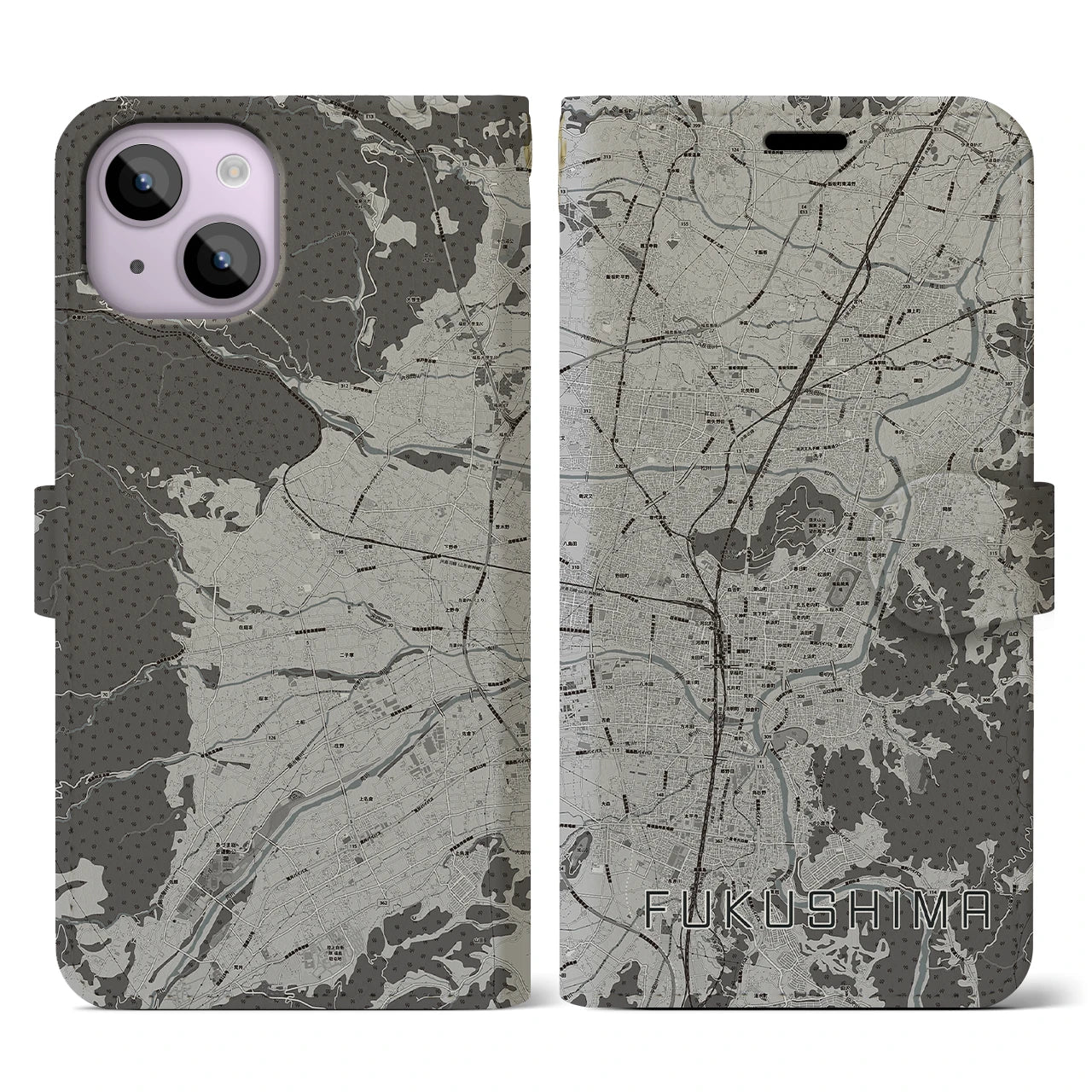 【福島(福島県)】地図柄iPhoneケース(手帳タイプ)モノトーン・iPhone 14 用