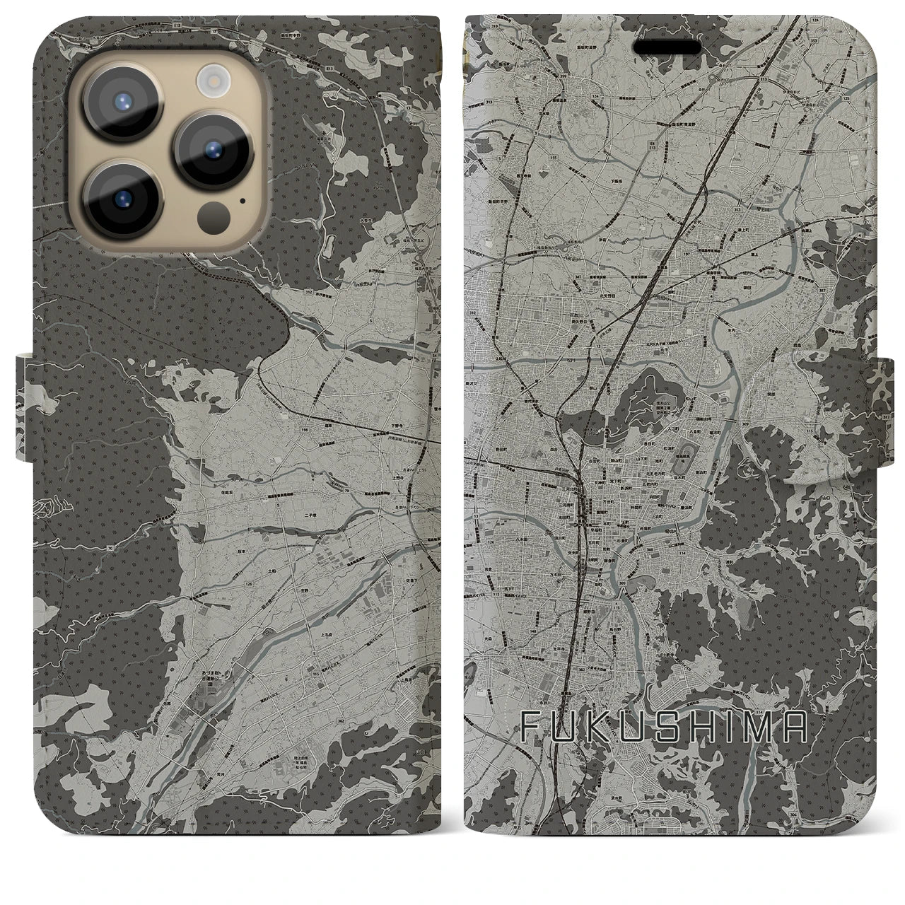 【福島(福島県)】地図柄iPhoneケース(手帳タイプ)モノトーン・iPhone 14 Pro Max 用