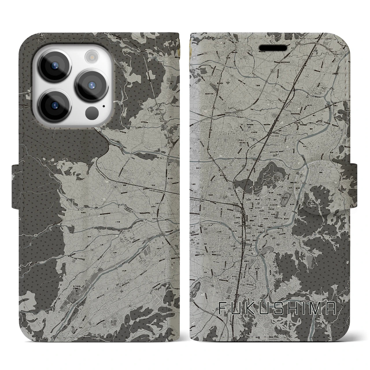 【福島(福島県)】地図柄iPhoneケース(手帳タイプ)モノトーン・iPhone 14 Pro 用