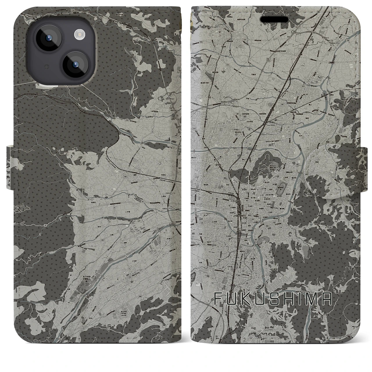 【福島(福島県)】地図柄iPhoneケース(手帳タイプ)モノトーン・iPhone 14 Plus 用
