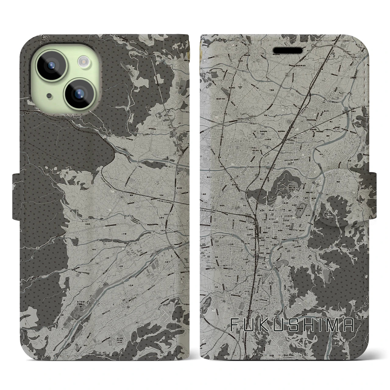 【福島(福島県)】地図柄iPhoneケース(手帳タイプ)モノトーン・iPhone 15 用