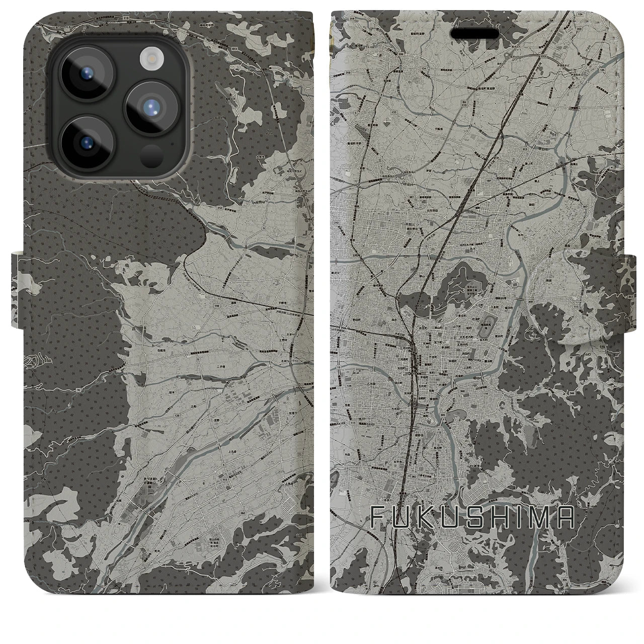 【福島(福島県)】地図柄iPhoneケース(手帳タイプ)モノトーン・iPhone 15 Pro Max 用