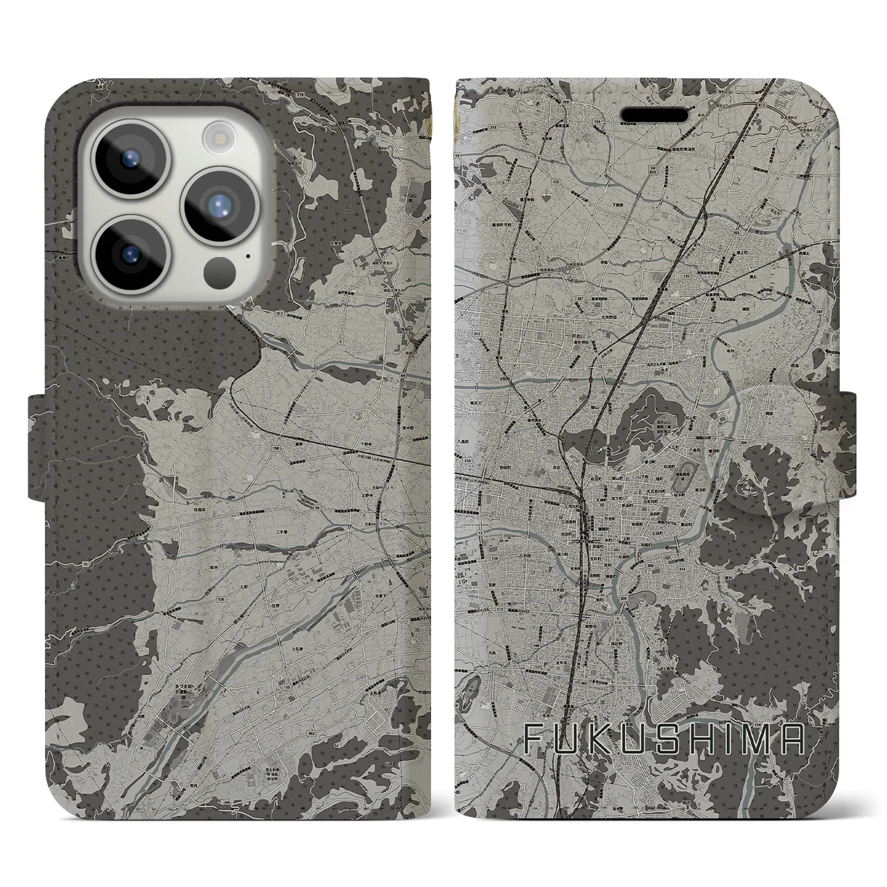 【福島(福島県)】地図柄iPhoneケース(手帳タイプ)モノトーン・iPhone 15 Pro 用