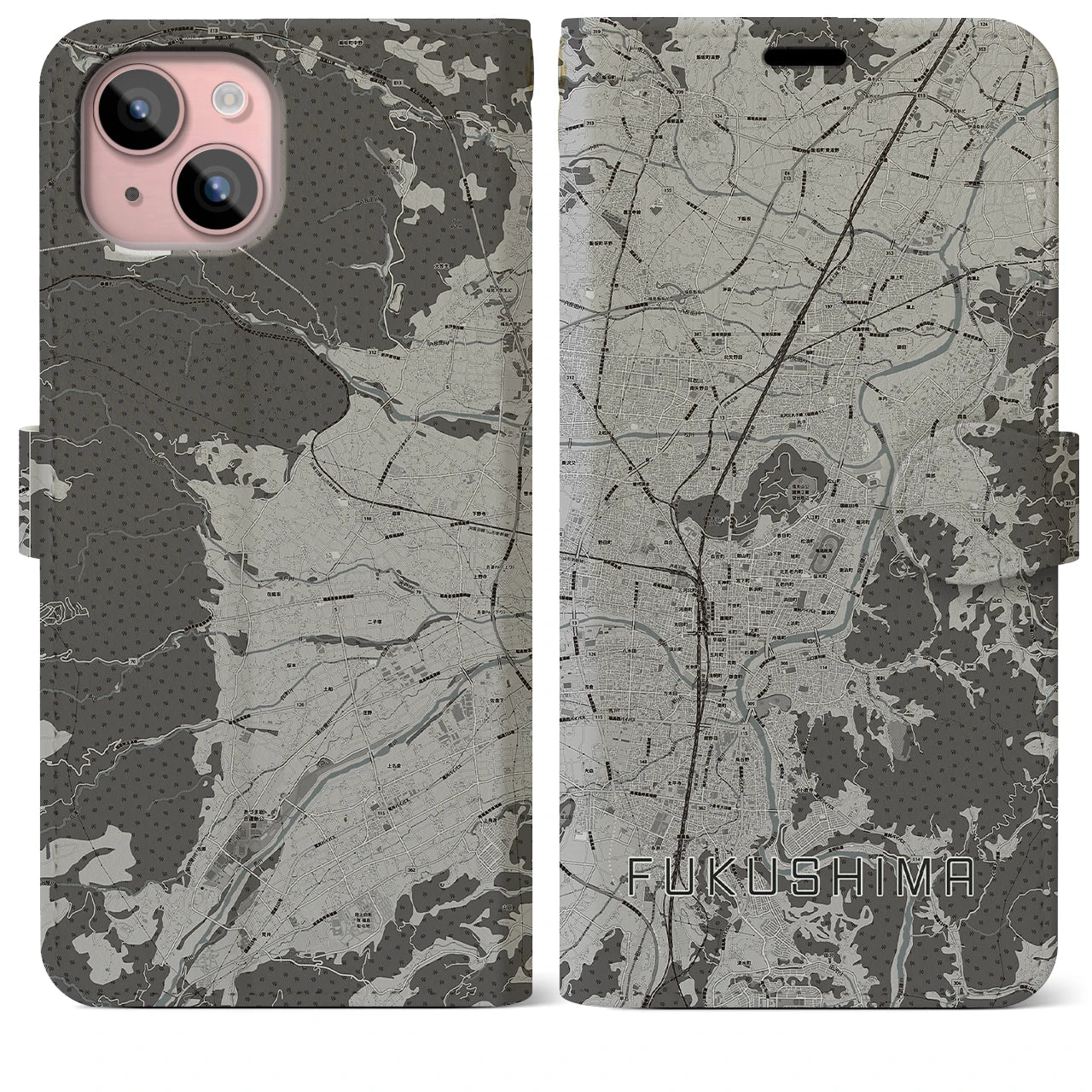 【福島(福島県)】地図柄iPhoneケース(手帳タイプ)モノトーン・iPhone 15 Plus 用