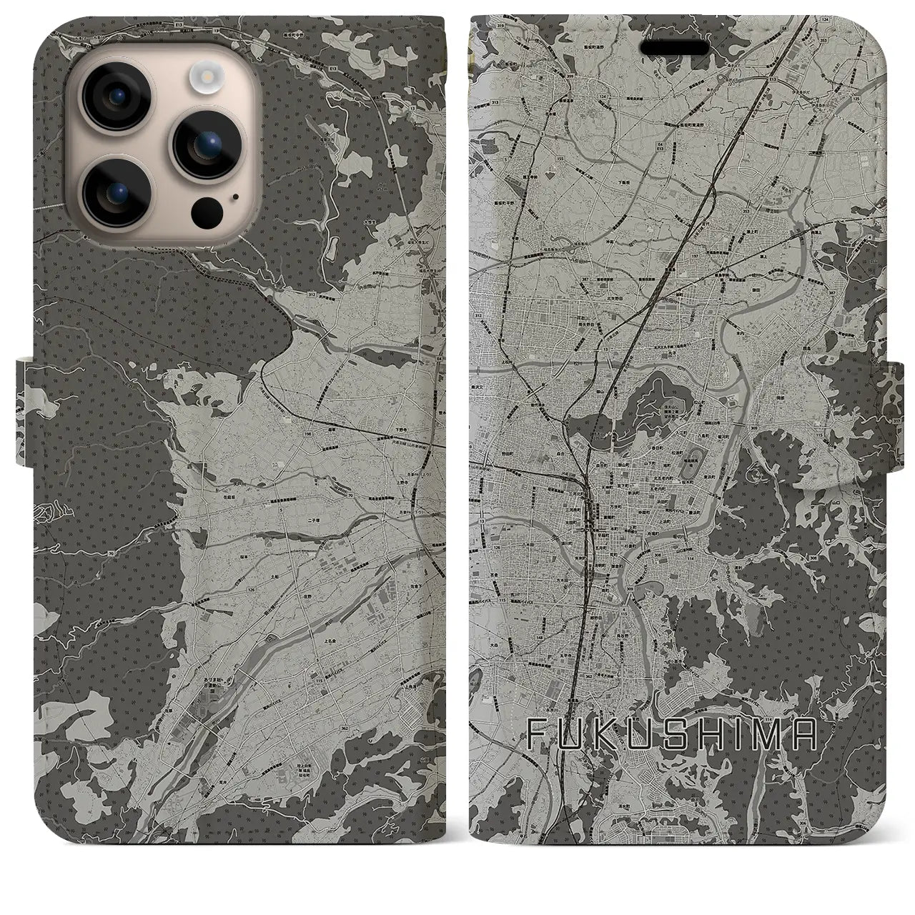 【福島(福島県)】地図柄iPhoneケース(手帳タイプ)モノトーン・iPhone 16 Plus 用
