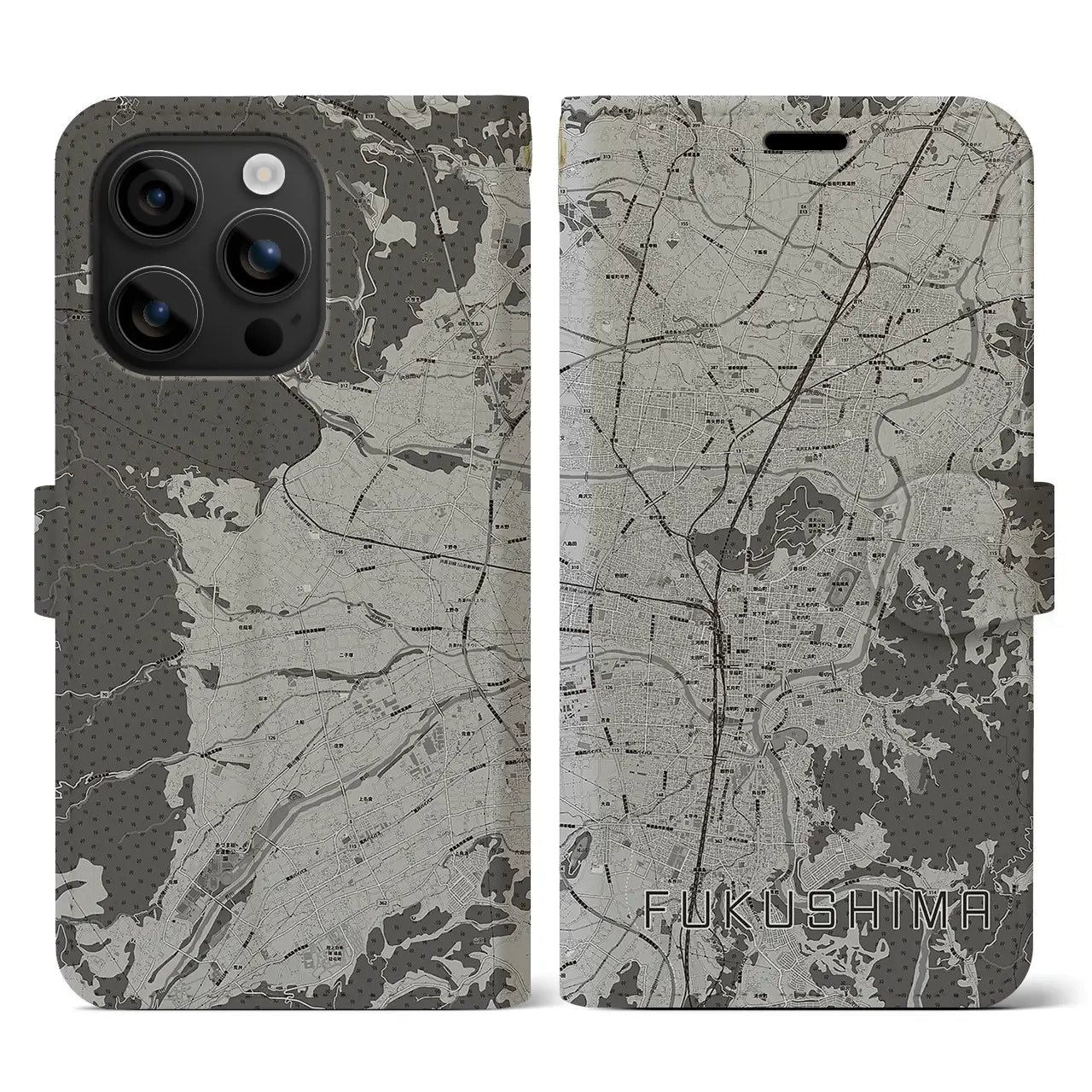 【福島(福島県)】地図柄iPhoneケース(手帳タイプ)モノトーン・iPhone 16 用
