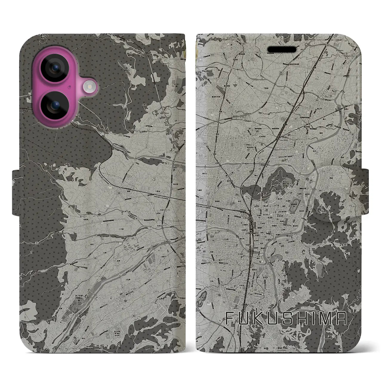 【福島(福島県)】地図柄iPhoneケース(手帳タイプ)モノトーン・iPhone 16 Pro 用