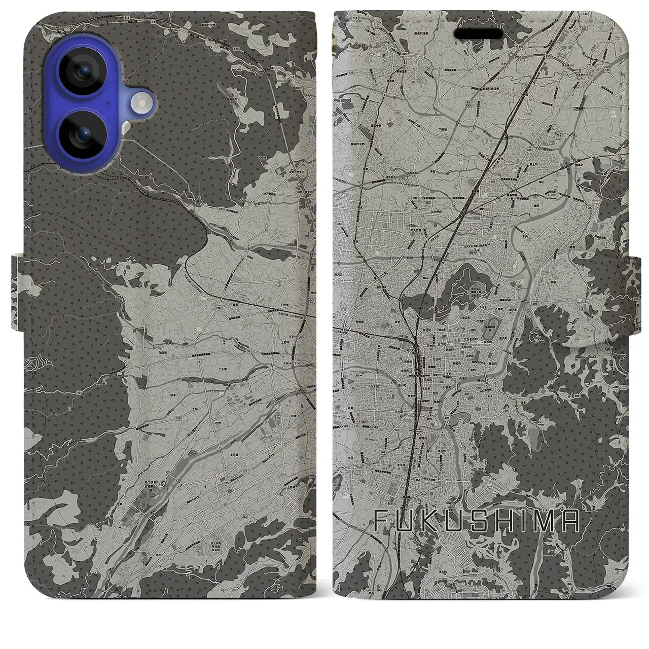 【福島(福島県)】地図柄iPhoneケース(手帳タイプ)モノトーン・iPhone 16 Pro Max 用